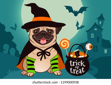 Halloween pug dog dressed as witch with hat, cape, cauldron with candy, against spooky scene with full moon, haunted house, forest cemetery. Halloween, dog lovers, pet costume theme for posters, cards