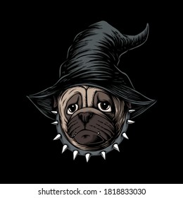 Halloween Pug dog wear hat witch vector illustration for your company or brand