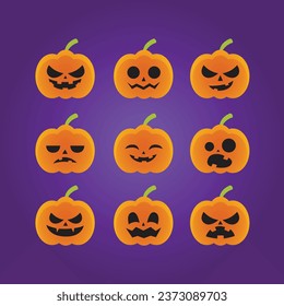 halloween pumkin cute face expression set with purple violet background 