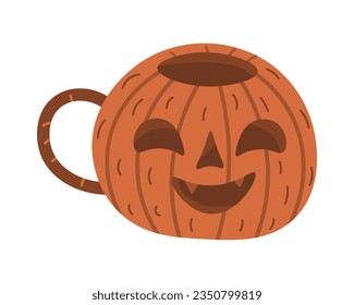 Halloween pumkin mug. Carved ghost vegetable monster lantern.