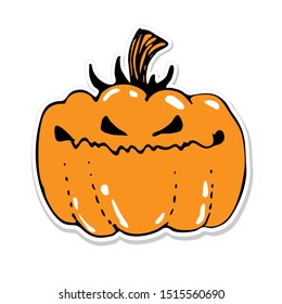 Halloween Pumkin with smiling face lantern. Hand drawn doodle label design. Stock vector icon.