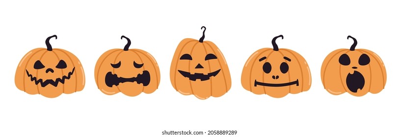 Halloween pumkin stickers vector set. Halloween isolated icons. Pumkins with different emotions on white background. Vector illustration