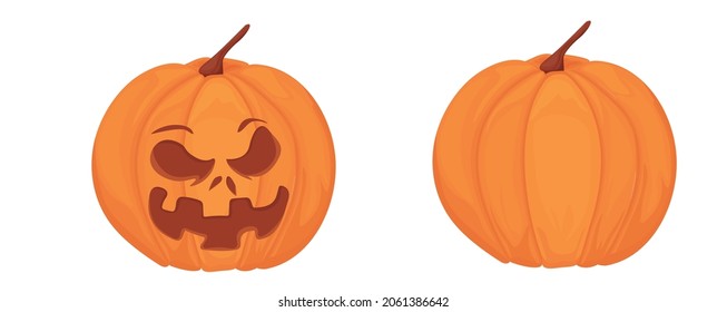 Halloween Pumkin Vector Glossy Cartoon Pumkin Lantern. Funny Face and Blank. Icon Set on Isolated  White Background. Autumn Holidays, Halloween Concept.