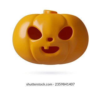 Halloween pumpkin 3d icon. Funny baby jack lantern evil smiling face. Three dimensional glossy plastic festive design element on white background. Vector illustration.