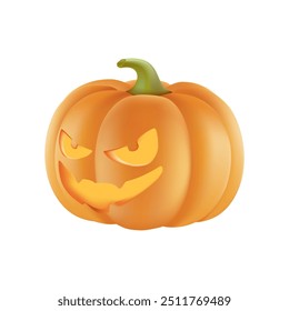 Calabaza de Halloween 3d render sobre fondo blanco. La luz brillante de la vela son ojos, sonrisa tallada sonriente linda, ilustración realista de la linterna del gato del otoño. Monstruo de acción de gracias miedo espeluznante emoji decoración