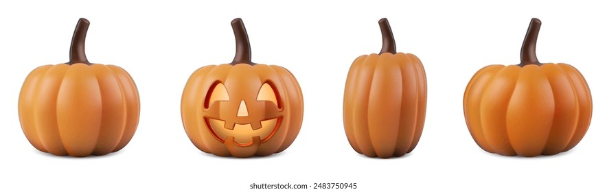 Halloween pumpkin 3d vector. Cute smiling carved face for character orange spooky cartoon costume. Glowing candle png isolated. Realistic plastic autumn illustration. Jack o lantern fun decor monster