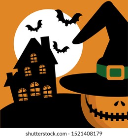 halloween pumpkin with abandoned house and icons vector illustration design