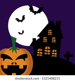 halloween pumpkin with abandoned house and icons vector illustration design