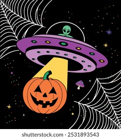 Halloween Pumpkin abducted by an alien spaceship in a spider space