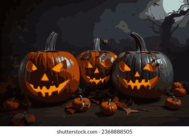 Halloween pumpkin against a gray wall and leaves.vector image EPS10