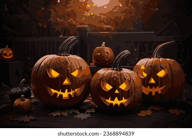 Halloween pumpkin against a gray wall and leaves.vector image EPS10