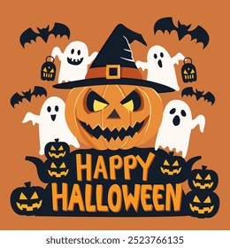 Halloween pumpkin among ghosts on orange background