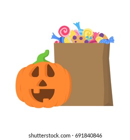 Halloween pumpkin around paper package with candies and lollipops and cookies