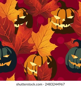 Halloween pumpkin and autumn leaves pattern collection