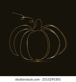 Abóbora de Halloween. Vegetal de outono. Desenho contínuo de uma linha. Isolado no plano de fundo preto. Truque ou Trate. Sinal luminoso laranja néon. Feliz Dia das Bruxas. Jack-o-lanterna. Brilhando. Ouro
