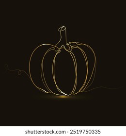 Abóbora de Halloween. Vegetal de outono. Desenho contínuo de uma linha. Isolado no plano de fundo preto. Truque ou Trate. Sinal luminoso laranja néon. Feliz Dia das Bruxas. Jack-o-lanterna. Brilhando. Ouro
