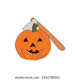 Halloween pumpkin with ax. Vector cartoon design on a white background.