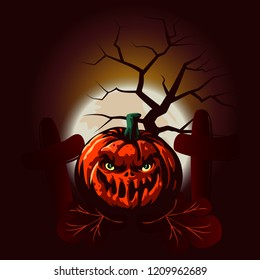 Halloween pumpkin background with cemetery, full moon and tree