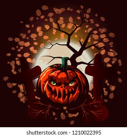 Halloween pumpkin background with cemetery, full moon,tree and leaf