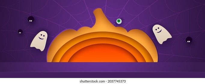 Halloween pumpkin background design with purple podium product display. Spiders and friendly ghosts. 3d Paper art abstract minimal geometric shape template background.Vector illustration.