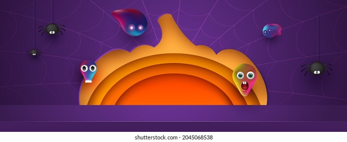 Halloween pumpkin background design with purple podium product display. Spiders and friendly ghosts. 3d Paper art abstract minimal geometric shape template background.Vector illustration.