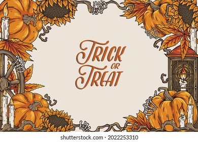 Halloween pumpkin background or trick or treat. Happy halloween for design poster, invitation and postcard for autumn party. Vertical holiday composition for promotional material, coupon and banner
