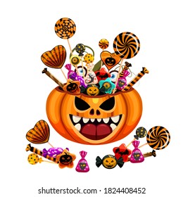 Halloween Pumpkin Bag basket full of Candies and Sweets. Autumn october holiday tradition celebration banner poster template. Vector illustration isolated