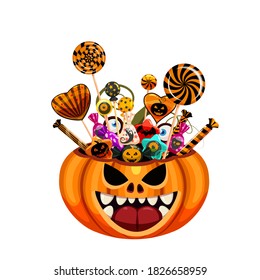 Halloween Pumpkin Bag basket full of Candies and Sweets. Autumn october holiday tradition celebration banner poster template. Vector illustration isolated