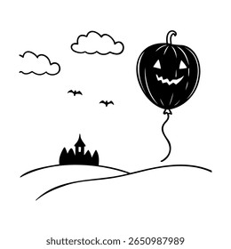 Balão de abóbora de Halloween com rosto sorridente voando sobre uma paisagem de silhueta com nuvens morcegos
