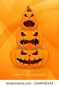 Halloween Pumpkin banner on orange background. Main symbol of the Happy Halloween holiday. Orange pumpkins stand on top of each other with smile for your design holiday Halloween. Vector illustration.