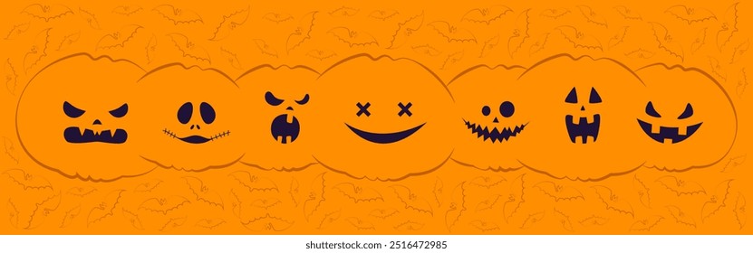 Halloween pumpkin banner. Spooky pumpkin lanterns. Flat monochrome illustration.