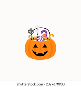 Halloween. Pumpkin Basket with candies. Candy and sweet basket. Vector