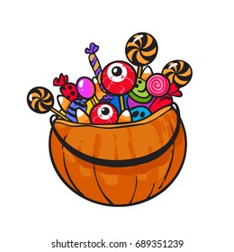 Halloween Pumpkin Basket with Candies in cartoon style. Hand drawn vector illustration isolated on white background.