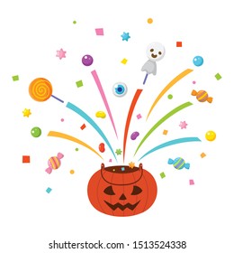 Halloween pumpkin basket with candies on white background