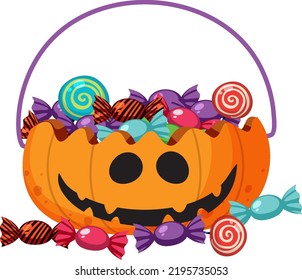 A halloween pumpkin basket and candy illustration