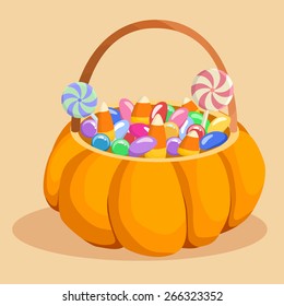 Halloween Pumpkin Basket Contain A Lot Of Candies.