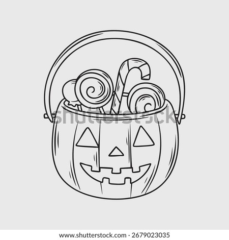 Halloween Pumpkin Basket Filled with Candy Treats. Thin Line Illustration.