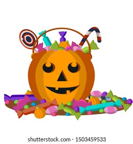 Halloween pumpkin basket full of candies and sweets on violet background. 
Vector illustration