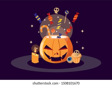 Halloween pumpkin. Basket full of candies and sweets on purple background. Jack Lantern pumpkin head. Halloween background. Space for your text. Vector pumpkin, candle, candy. Invitations and parties