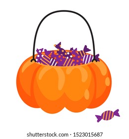 Halloween pumpkin basket full of candies vector cartoon. Treat jar for kids.