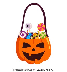 Halloween pumpkin basket full of candies on white background. Vector elements. 