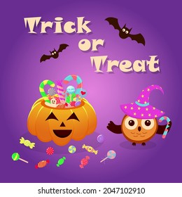 Halloween pumpkin basket full of candies and sweets and owl in a magic hat. Trick or treat lettering with bats.