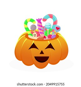 Halloween pumpkin basket full of candies and sweets. Vector illustration.