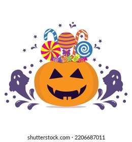 Halloween pumpkin basket full of candies and sweets on violet background