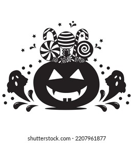 Halloween pumpkin basket full of candies and sweets on violet background