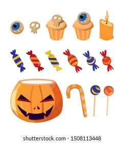 Halloween pumpkin. Basket full of candy and sweets. Jack Lantern pumpkin head. Vector pumpkins, candles, candies, eyeballs. Invitations and parties. Many kinds of spooky dessert