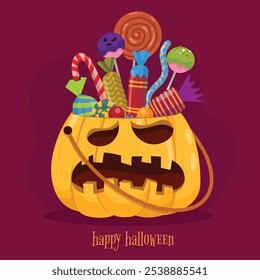 Halloween pumpkin basket, illustration and vector.