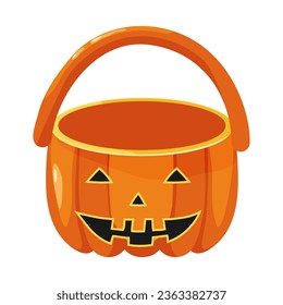 Halloween pumpkin basket with jack o lantern. Halloween basket for candies and sweets. Vector illustration.