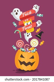 Halloween pumpkin basket on Trick or Treat Poster. Flat style vector illustration.