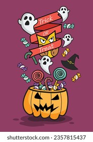 Halloween pumpkin basket on Trick or Treat Poster Doodle style. Doodle hand drawn style vector illustration.
